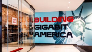 Building Gigabit America sign at Frontier Dallas office